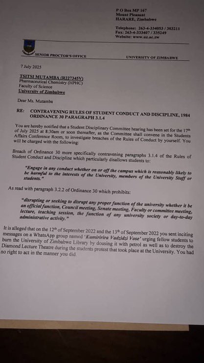 L.E.M.I 🏁 (@lemi_frank) on Twitter photo It's so sad 😞 that since 2022 the <a href="/UniversityOfZim/">University of Zimbabwe</a> has decided to summon comrade <a href="/mutamba_tsitsi/">Tsitsi Mutamba</a> for the hearing.
I strongly condemn such Barbarism in the administration of university of Zimbabwe 🇿🇼 <a href="/mutamba_tsitsi/">Tsitsi Mutamba</a> . Comrade you are not alone in this WE STAND WITH YOU. It's so sad 😞 that since 2022 the <a href="/UniversityOfZim/">University of Zimbabwe</a> has decided to summon comrade <a href="/mutamba_tsitsi/">Tsitsi Mutamba</a> for the hearing.
I strongly condemn such Barbarism in the administration of university of Zimbabwe 🇿🇼 <a href="/mutamba_tsitsi/">Tsitsi Mutamba</a> . Comrade you are not alone in this WE STAND WITH YOU.