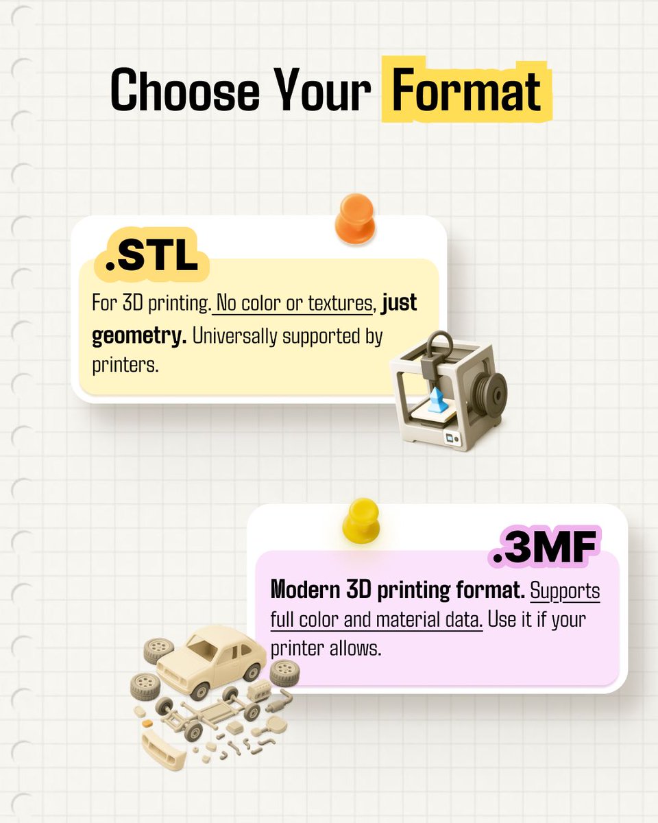 tripoai's tweet image. 😵💫 Confused by all the download options? Here's a quick guide for how to pick what fits your flow.
#3Dbeginner #TripoStudio #3Dformat #3Dtips #3Dprinting