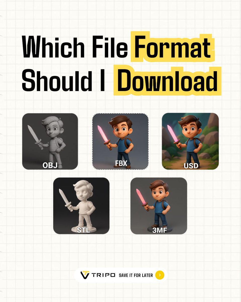 tripoai's tweet image. 😵💫 Confused by all the download options? Here's a quick guide for how to pick what fits your flow.
#3Dbeginner #TripoStudio #3Dformat #3Dtips #3Dprinting