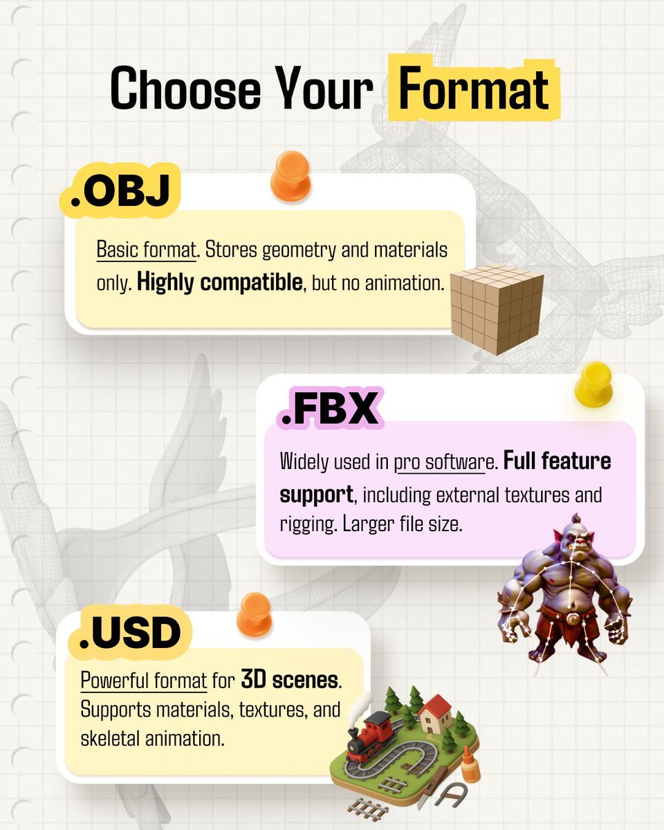 tripoai's tweet image. 😵💫 Confused by all the download options? Here's a quick guide for how to pick what fits your flow.
#3Dbeginner #TripoStudio #3Dformat #3Dtips #3Dprinting