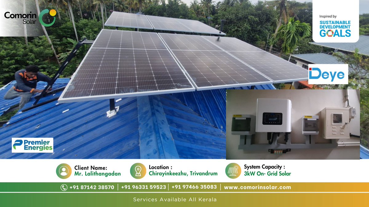 COMORINSOLAR1's tweet image. Customer Name : Mr. Lalithangadan, Trivandrum 
👉 Project Specification — 3KW On-Grid Solar Plant
👉 Inverter —  Deye New Energy Inverter
👉 Solar Panel — Premier Energies 540Wp Panel 
#energy #EnergyStorage #netzero #solarpower #solarsystem #ClimateAction #Kerala