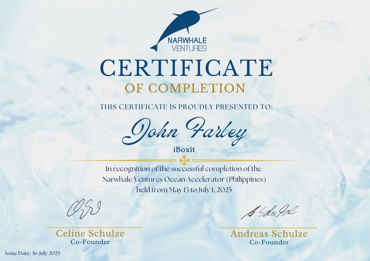 After a lot of work and some incredible interaction, iBoxit has received a Certificate of Completion from Narwhale Ventures.

Narwhale Ventures provides early-stage #financing to #startups active in offshore #renewable energy, #marine mobility and #sustainable ecosystems.