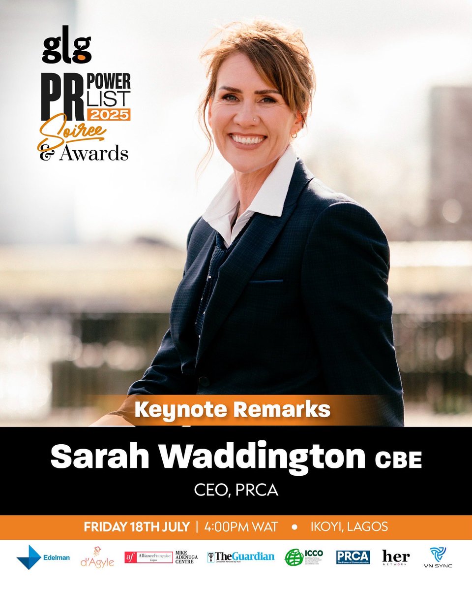 GLGcomms's tweet image. KEYNOTE - We’re honored to have Sarah Waddington (CBE), CEO of the world’s largest and most influential professional PR body, @PRCA_HQ, deliver the keynote remarks at this year’s World PR Day Soirée & PR Power List Awards.
#GLGcomms #PRPowerList