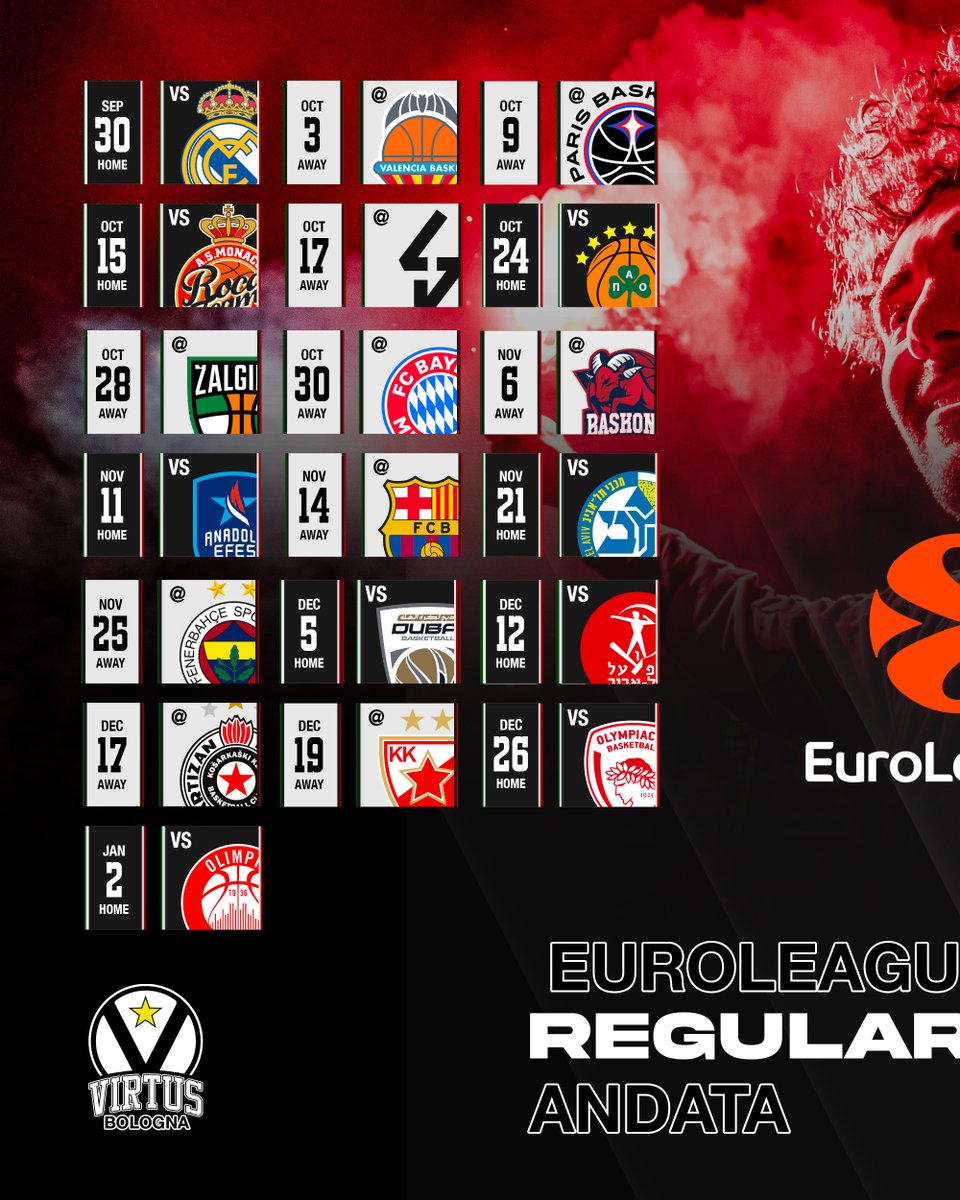 VirtusBo's tweet image. EUROLEAGUE SEASON 2025/2026 ๐ฅ๐คฏ
Ecco il calendario completo ๐
Si comincia contro il Real Madrid al Paladozza, prima trasferta a Valencia e un Natale pieno alla Virtus Arena ๐คฉ