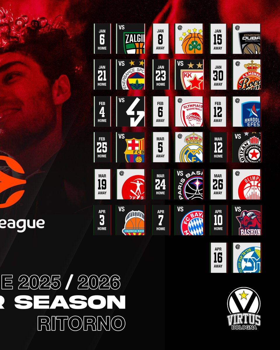 VirtusBo's tweet image. EUROLEAGUE SEASON 2025/2026 ๐ฅ๐คฏ
Ecco il calendario completo ๐
Si comincia contro il Real Madrid al Paladozza, prima trasferta a Valencia e un Natale pieno alla Virtus Arena ๐คฉ