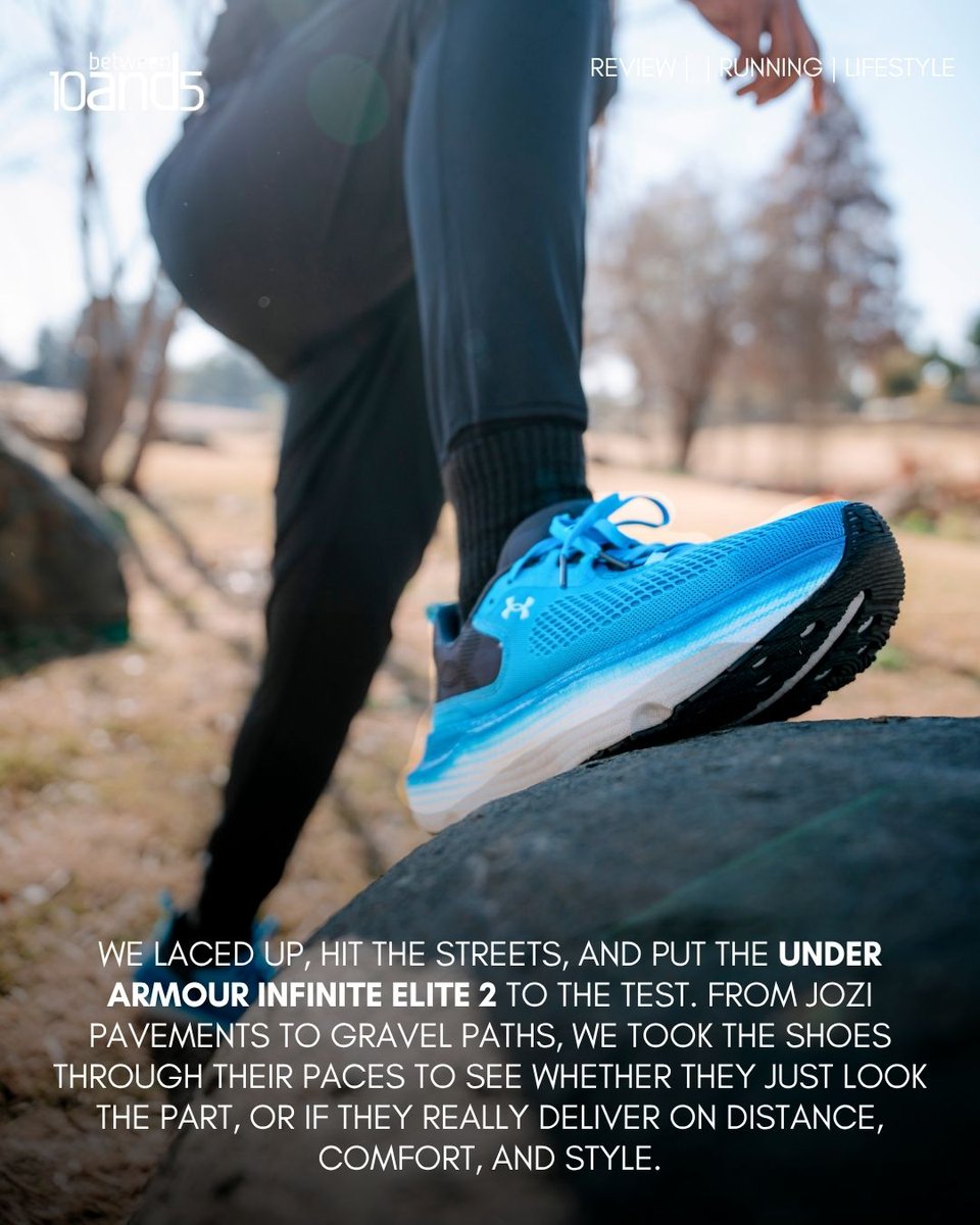 10and5's tweet image. What happens when you put a high-tech runner on Jozi streets?
We tested the Under Armour Infinite Elite 2 so you don’t have to.
From lockdown grip to future-proof design, this pair means business.
#10and5RunClub #UnderArmourZA #RunReview