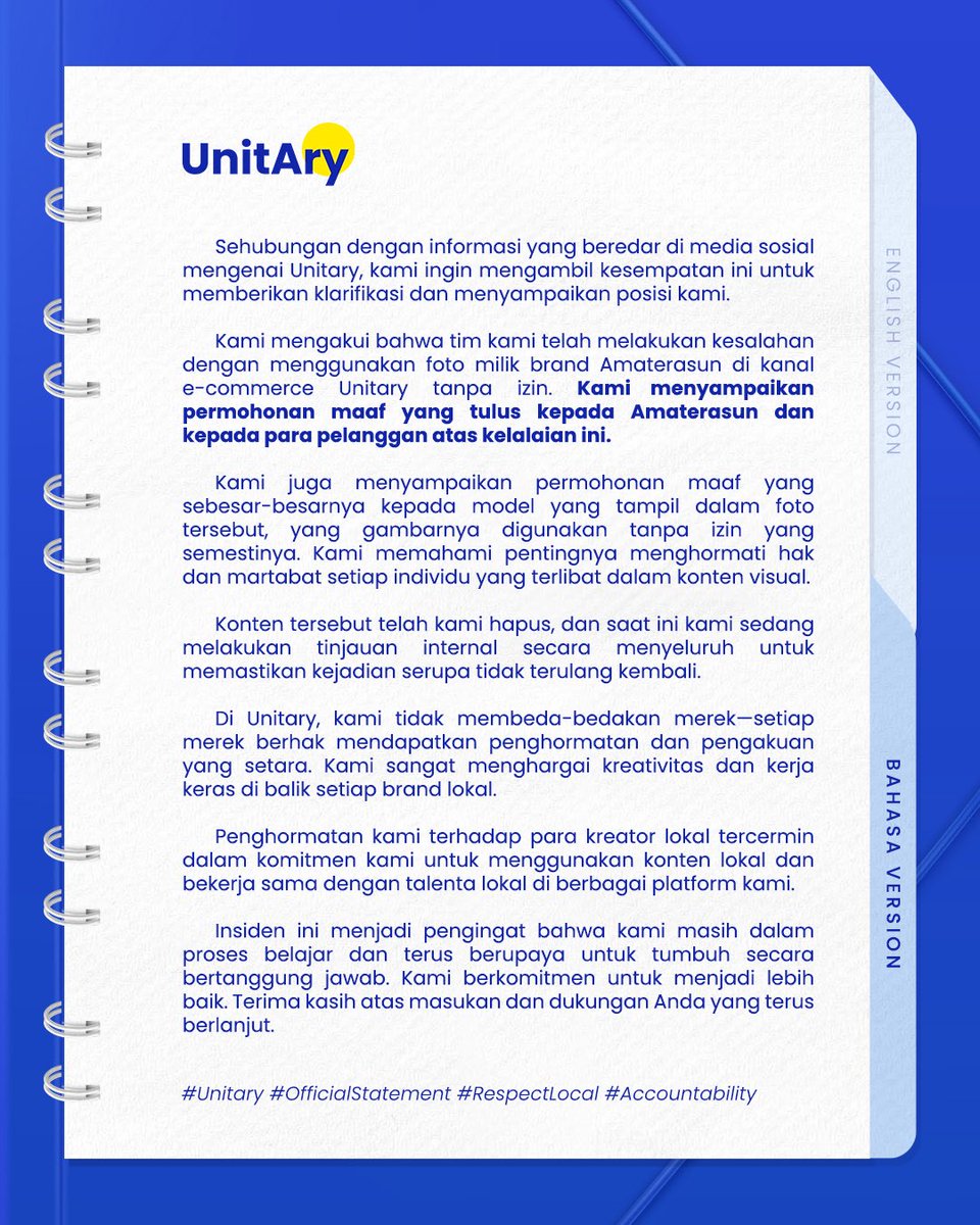 Unitary_ID's tweet photo. Kami ingin menanggapi kekhawatiran yang muncul baru-baru ini perihal gambar dan hasil UV Cam yang secara keliru dipublikasikan di platform kami.
Setelah melakukan peninjauan internal, kami mengonfirmasi bahwa baik gambar UV Cam maupun foto model tersebut adalah milik Amaterasun. https://t.co/2h6VOsYRBy