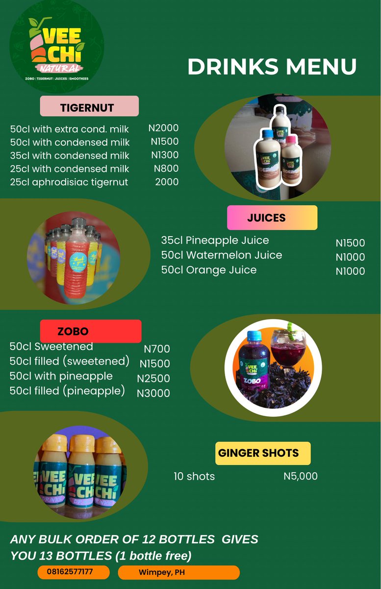 On today’s menu:
Orange 🍊  juice
Pineapple 🍍 juice
Watermelon 🍉 juice
Zobo 🥤drinks
Tigernut 🥛 drinks
Ginger 🫚 shots 
All available.
Send a dm to place orders
📍Ph
Pickup and dispatch options available 
Kindly repost.