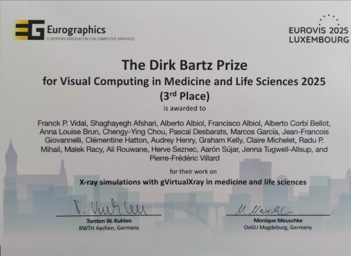 IFICorpuscular's tweet image. Un grupo de investigadores del @IFICorpuscular, galardonado en Eurovis 2025 por su plataforma de simulación radiográfica gVirtualXray. 👏
El trabajo ha recibido el tercer premio Dirk Bartz 2025 en el marco de la prestigiosa Eurovis Conference.
Noticia: goo.su/fYdmzUo