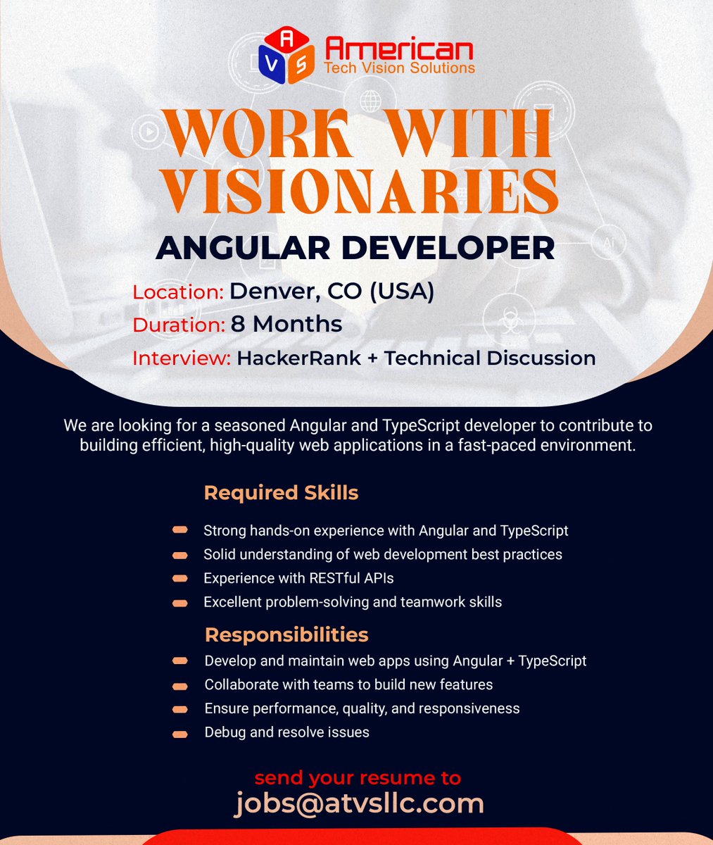 TechAtvs's tweet image. Join Our Visionaries! 🚀
We’re hiring Angular Developers (Contract | Onsite - Denver, CO)
Duration: 8 Months | Open Positions: 3
If you have strong Angular + TypeScript skills, send your resume to jobs@atvsllc.com.

#AngularJobs #TechHiring 
atvsllc.com