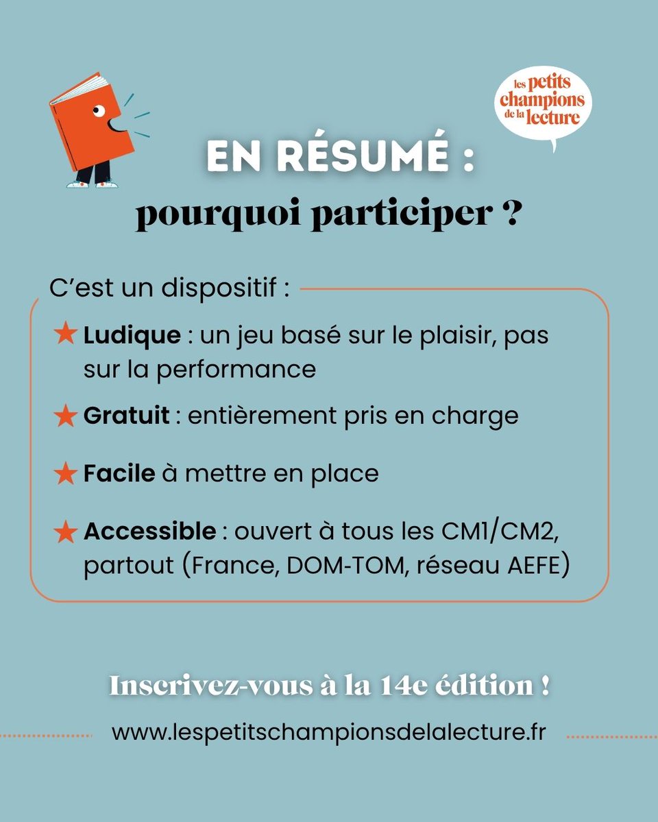 championlecture's tweet image. 📣 Pourquoi participer aux Petits champions de la lecture ?
Parce que c’est bien plus qu’un jeu ! C’est une aventure humaine, littéraire et pédagogique qui transforme les enfants… et les adultes qui les accompagnent.
Rejoignez-nous : lespetitschampionsdelalecture.fr