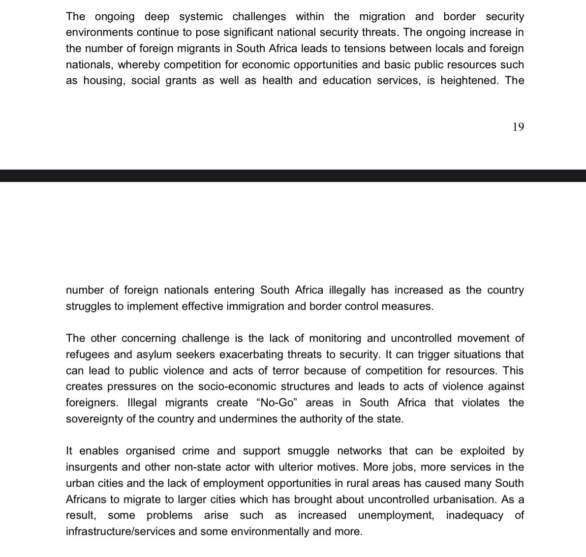 AldrinSampear's tweet image. The redacted National Security Strategy warns that uncontrolled movement of refugees and asylum seekers can trigger amongst others acts of terror.
This while, “illegal migrants create ‘No-Go’ areas” violating the sovereignty of the country and undermining the state’s authority.