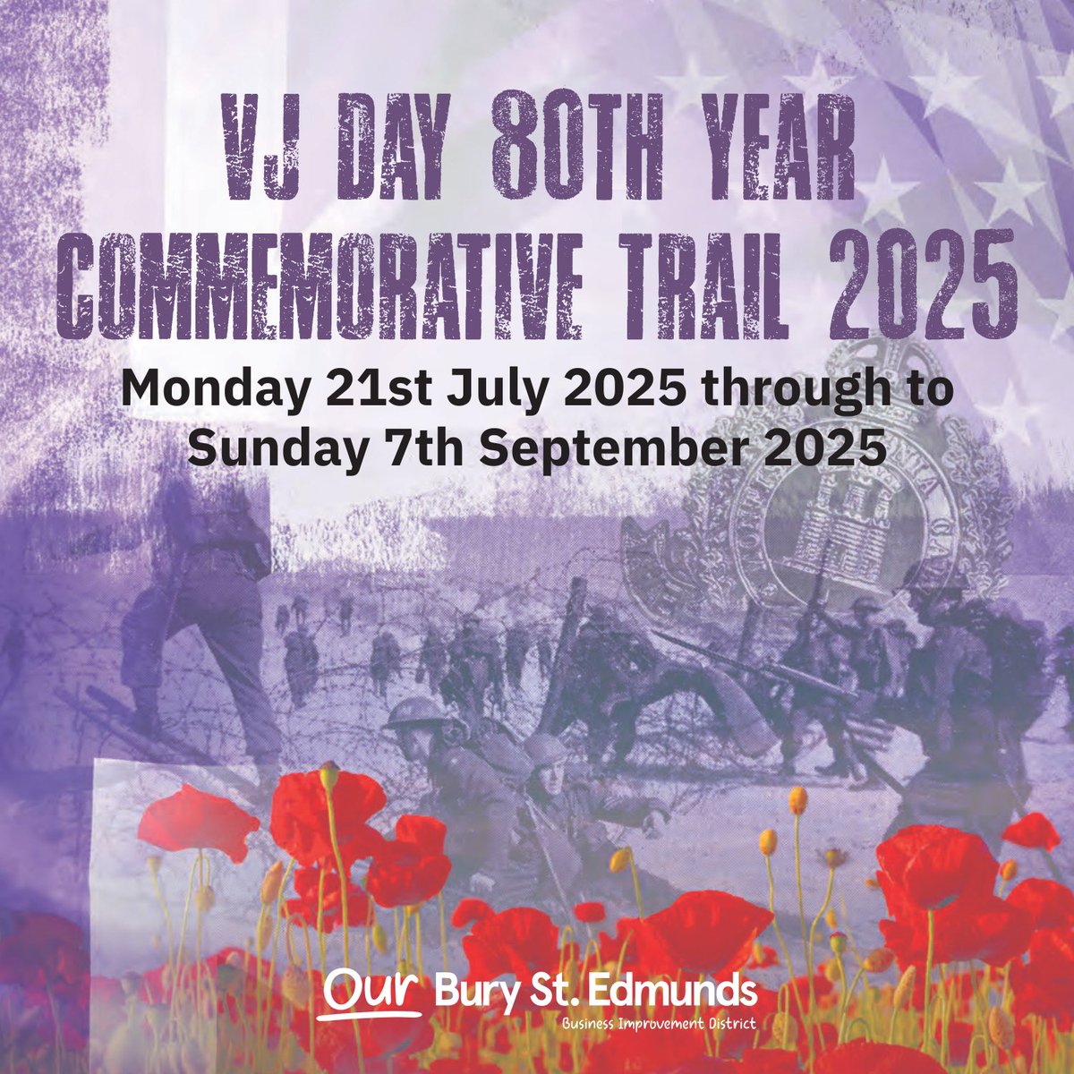 ourburysteds's tweet image. Following on from the success of the VE Day Trail earlier in the year, we have now organised a second trail for VJ Day (Victory over Japan) in Bury St Edmunds town centre, which starts on Monday 21st July. More details and where to pick up a form, visit: bit.ly/4lSikZ7