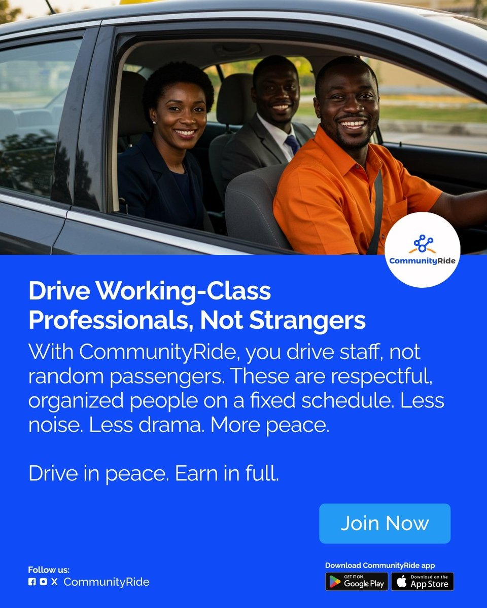 CommunityRideNG's tweet image. Ever wished your rides were stress-free — same route, familiar faces, guaranteed pay? 🚗 What would that do for your hustle?

👉 Be part of a driver network that runs like clockwork. 

#CommunityRide