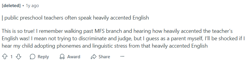 GlobeSvcs's tweet image. Looking up pre-school stuff and stumbled upon this Reddit comment. Funny how  a heavily accented person is concerned about the teachers having a different heavy accent.
