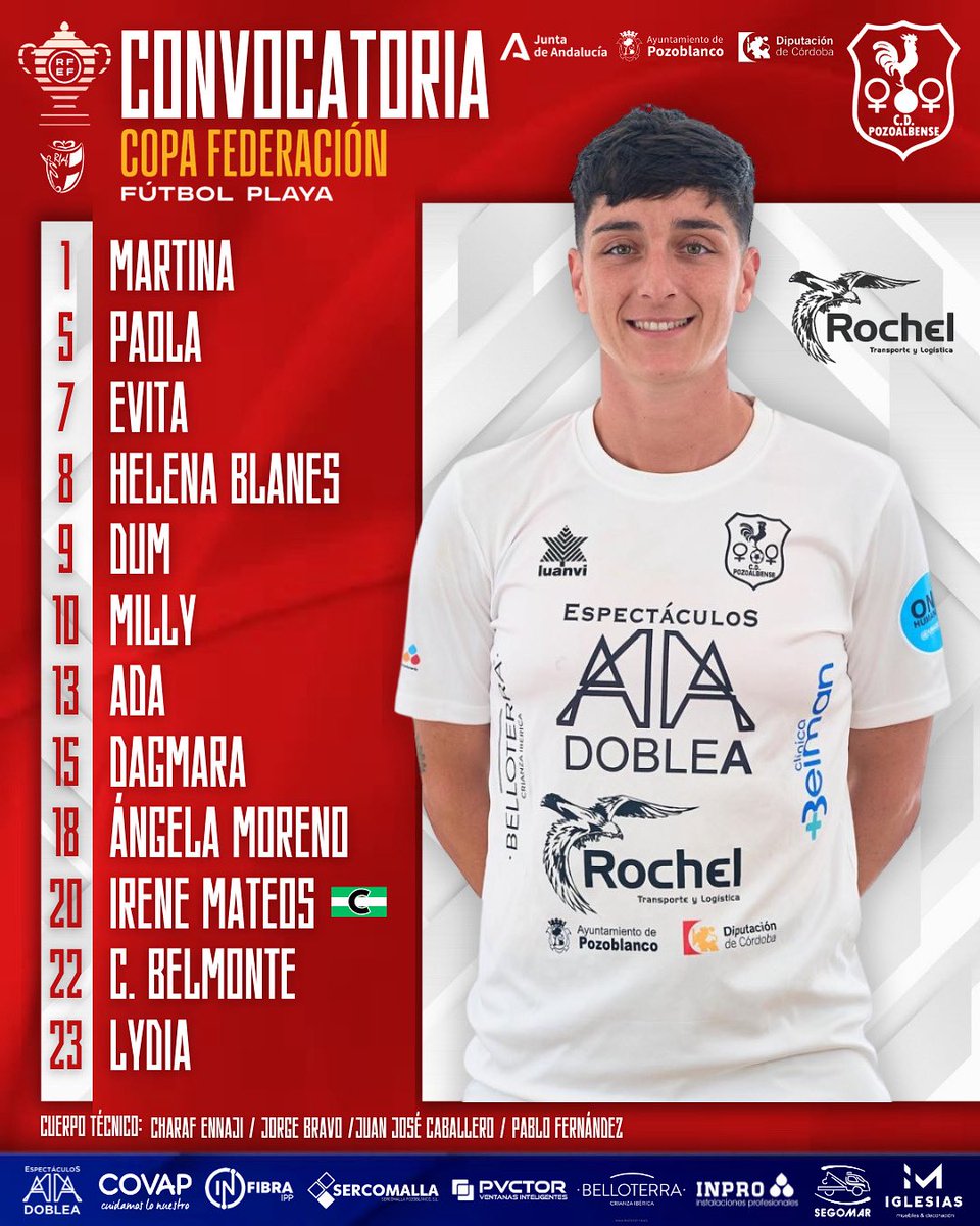 📋 Convocatoria oficial — Copa RFEF 2️⃣0️⃣2️⃣5️⃣

Estas son las 1️⃣2️⃣ jugadoras que representarán al CD Pozoalbense Femenino y a Andalucía como vigentes campeonas en la Copa RFEF de Fútbol Playa.

📍 Hotel HO Ciudad de Jaén