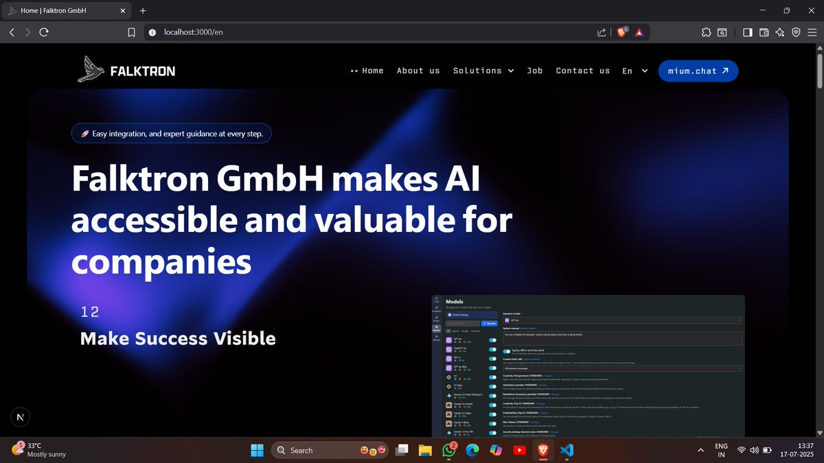 Excited to share a sneak peek of what I’ve been working on!

As a frontend developer, I’m focused on building immersive user experiences — and this new project for Falktron GmbH is no exception.

Built with Next.js, it features an animated background powered by GSAP/WebGL.