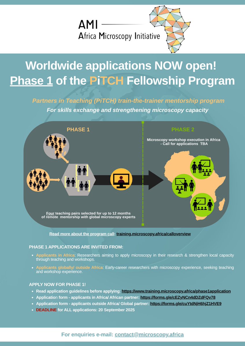 AMI_microscopy's tweet image. 📢OPEN CALL FOR APPLICATIONS | Partners in Teaching (PiTCH) Fellowship Program - Phase 1
We are pleased to announce that applications are now open for Phase 1 of PiTCH.
Read program details and apply here:
training.microscopy.africa/calloverview
DEADLINE: 20 September 2025