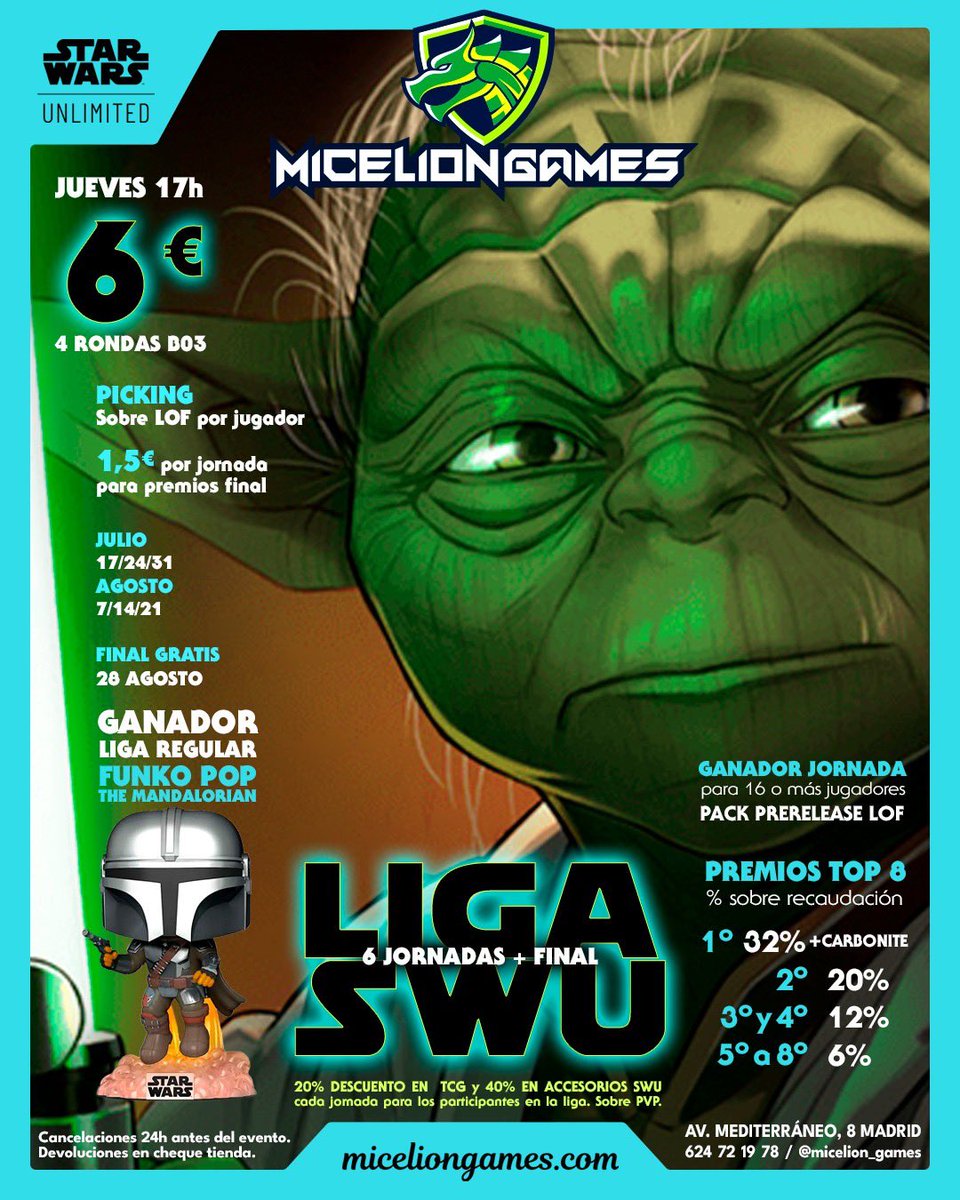 HOY arranca la Liga SWU! 🐉

🕔 Hoy a las 17h
💶 Solo 6€
🎁 Premios por jornada y gran final el 28 de agosto
🏆 Ganador de liga se lleva un Funko Pop de The Mandalorian!

📍Av. Mediterráneo 8, Madrid

#StarWarsUnlimited #TCG