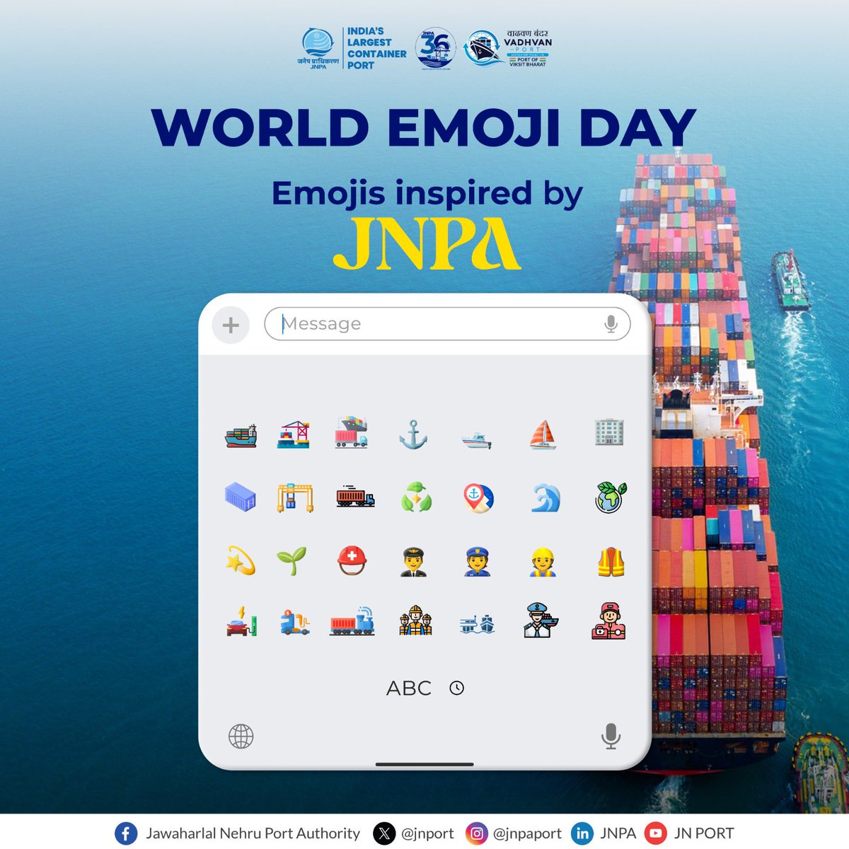 JNPort's tweet image. Happy World Emoji Day! 🎉

We’ve captured the spirit of JNPA in emojis! 
From massive vessels and towering cranes to groundbreaking projects and green initiatives—here’s a fun glimpse of who we are, emoji style!😎

#WorldEmojiDay #JNPA #GreenPort #PortProgress #Innovation