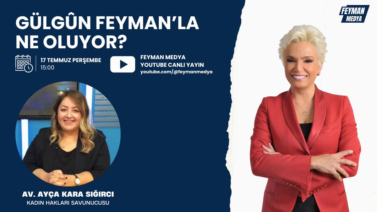 📺 Gülgûn Feyman ile NE OLUYOR? programının bugün saat 15:00’teki konuğu Kadın Hakları Savunucusu Av. Ayça Kara Sığırcı. 

Programda “Kadınlar hâlâ öldürülüyor? Güçlü tepki azaldı mı?” soruları çerçevesinde güncel kadın hakları mücadelesi ele alınacak. 

Canlı yayın Feyman Medya