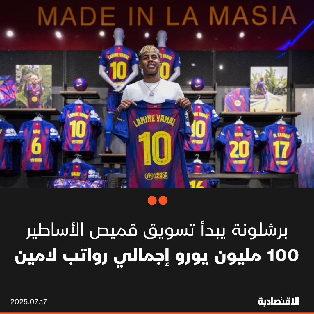 صحيفة الاقتصادية (@aleqtisadiah) on Twitter photo سيتقاضى الدولي الإسباني #لامين_جمال راتبا أساسيا يقدر بـ16.7 مليون يورو سنويا خلال مدة عقده الممتدة لـ 6 أعوام، وفقا لموقع (capology) المختص بالأجور
🟠 #برشلونة شرع بتسويق القميص رقم 10 الذي سيحمله النجم الشاب الموسم المقبل بسعر 184.9 يورو
<a href="/n6o6n/">نايف العتيبي</a>
aleqt.com/2025/07/17/art… سيتقاضى الدولي الإسباني #لامين_جمال راتبا أساسيا يقدر بـ16.7 مليون يورو سنويا خلال مدة عقده الممتدة لـ 6 أعوام، وفقا لموقع (capology) المختص بالأجور
🟠 #برشلونة شرع بتسويق القميص رقم 10 الذي سيحمله النجم الشاب الموسم المقبل بسعر 184.9 يورو
<a href="/n6o6n/">نايف العتيبي</a>
aleqt.com/2025/07/17/art…