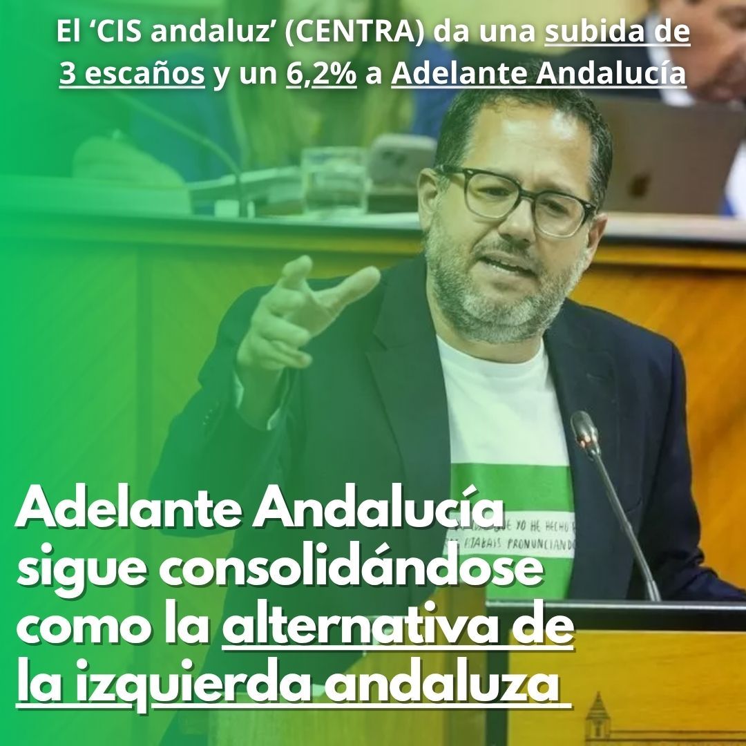 🟢 El 'CIS andaluz' (CENTRA) da una subida de 3 escaños y un 6,2% de votos a Adelante Andalucía.

La izquierda andaluza tiene proyecto y tiene futuro.

💚 Adelante Andalucía será la fuerza que traiga aire nuevo y transformación a Andalucía.