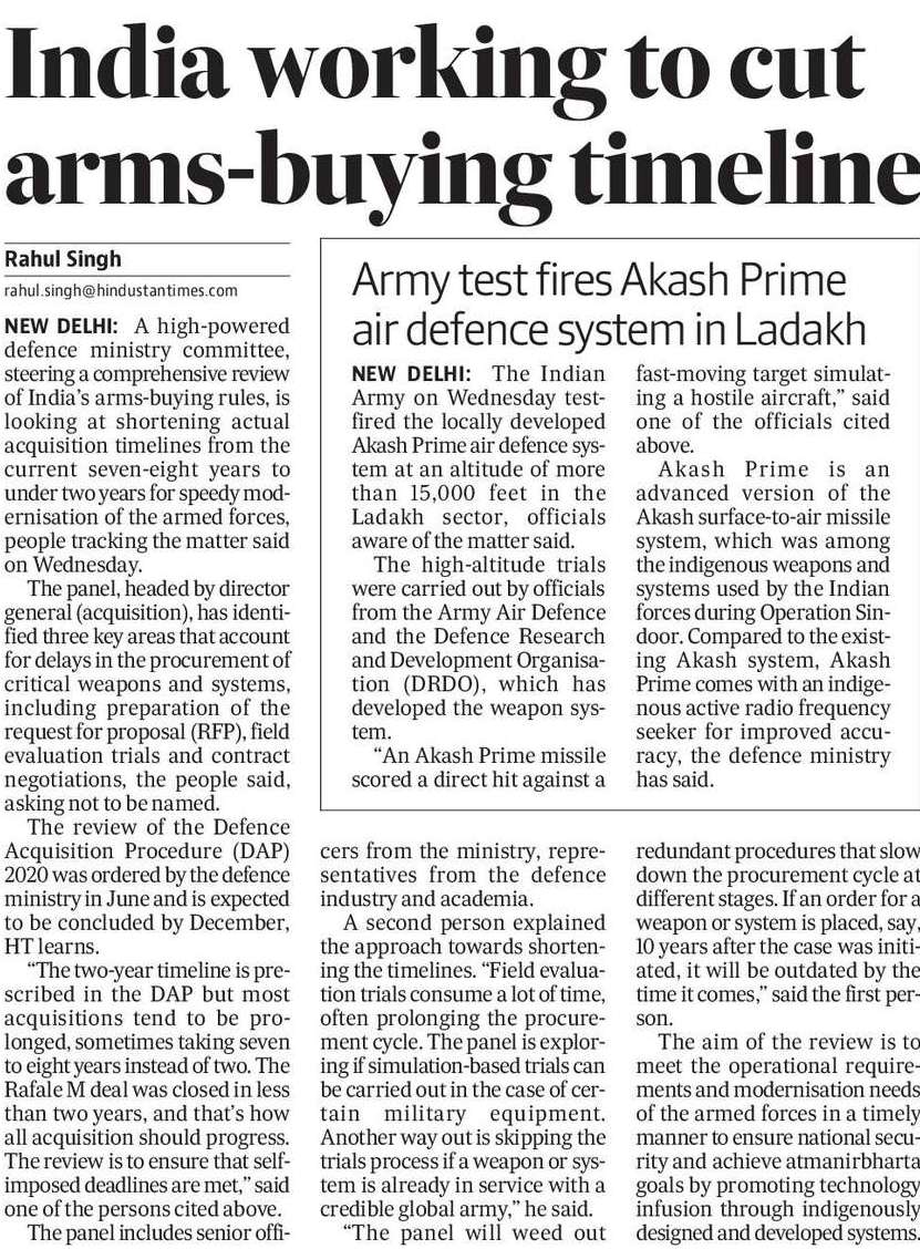 rahulsinghx's tweet image. Preparation of RFP, field evaluation trials &amp;amp; contract negotiations identified as the three most time-consuming processes in the arms-buying cycle. Top defence ministry panel to fix this by the year-end as part of a comprehensive review of DAP 2020.
hindustantimes.com/india-news/ind…