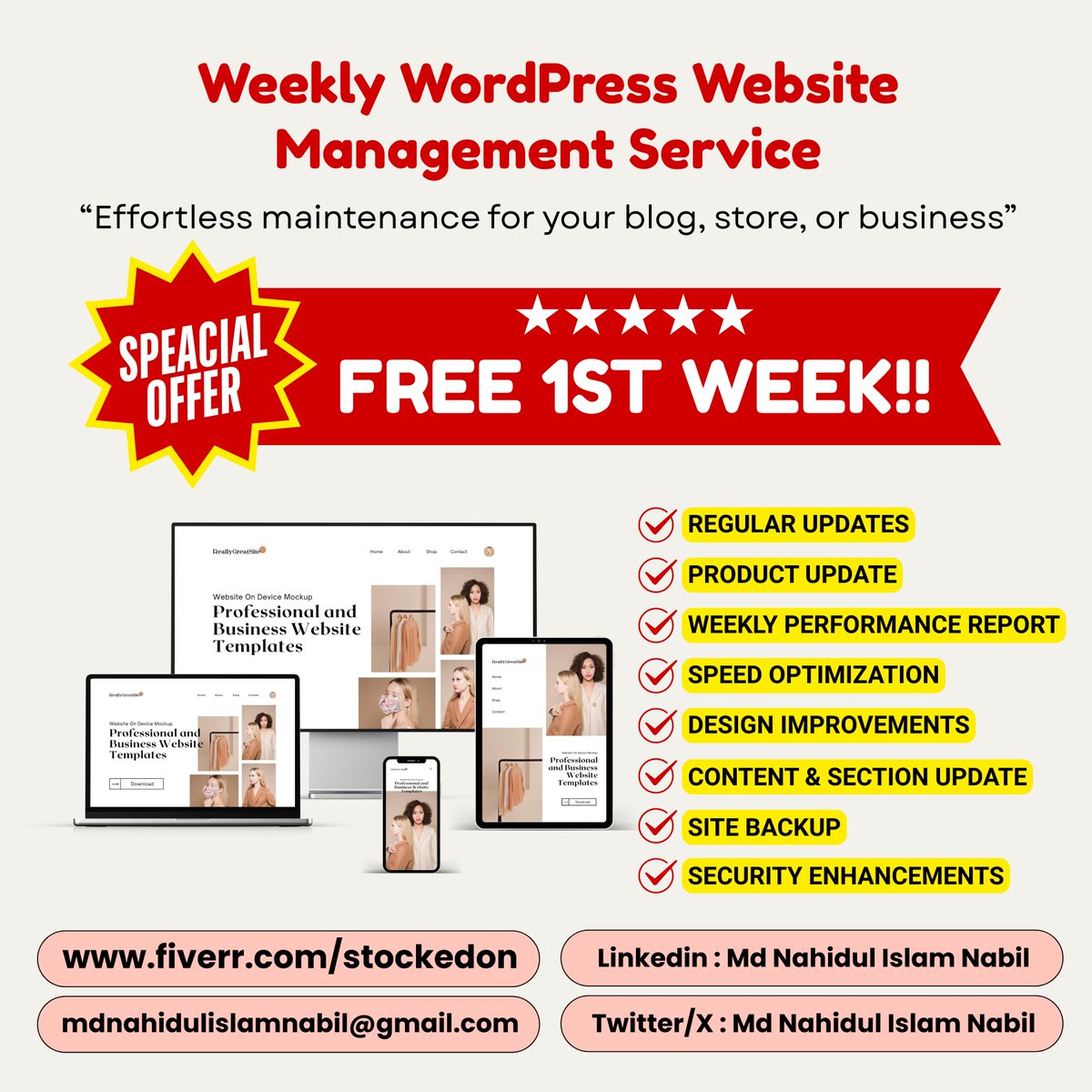 "🚀 Get expert WordPress management for your site! First week FREE! 🎉 Contact now!"
Fiverr: fiverr.com/s/YRz22Lp
Linkedin: linkedin.com/in/mdnahidulis…

#GotBTCinFiamma #BB27 #rapier #EpsteinTrumpCoverUp #AEWDynamite