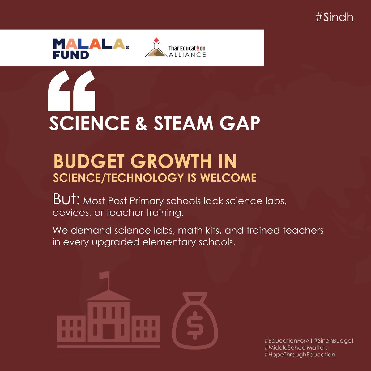 TharEduAlliance's tweet image. Science &amp;amp; tech budget is rising but schools lack labs, kits &amp;amp; teachers!

It’s time to bridge this gap for quality learning.

#EducationForAll #SindhBudget #MiddleSchoolMatters #MalalaFund #TharEducationAlliance