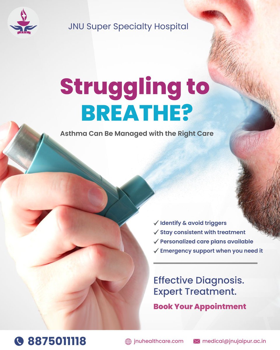 JnuHospital's tweet image. #Asthma doesn’t have to control your life.
At #JNUSuperSpecialtyHospital, we offer personalized care, advanced diagnosis, and emergency support to help you breathe easy again.
✅ Expert #Pulmonologists
✅ Customized Treatment Plans
✅ 24x7 Emergency Care
Book your appointment now
