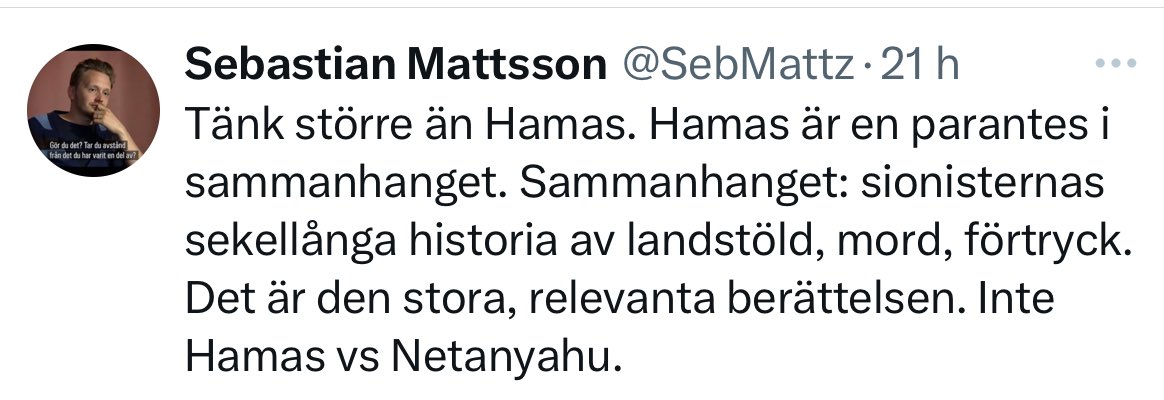 vringhed's tweet image. ”Tänk bort decennier av vidrig terror så får du den korrekta, ensidiga bilden av konflikten.”

Detta är en av X äckligaste debattörer just nu.
