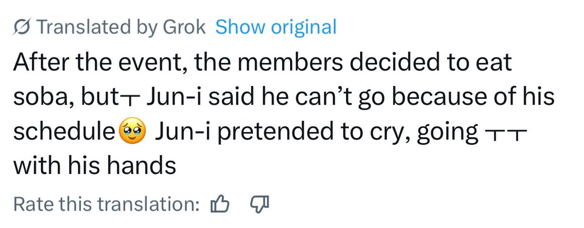 moontomeetyou's tweet photo. aww the members are planning to have soba after the event but jun has to rush back to 🇨🇳 for his schedule so he can’t join 🥹 

my hardworking junnie ☹️❤️ https://t.co/pPA26QgMVN