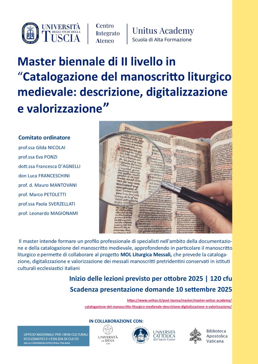 Vatican Library (@vaticanlibrary) on Twitter photo Two-year Master’s program promoted by <a href="/unitusviterbo/">Università degli Studi della Tuscia</a> and the National Office for Ecclesiastical Cultural Heritage and Religious Buildings of the @CEI in collaboration with <a href="/unisiena/">Università di Siena</a>, <a href="/Unicatt/">Università Cattolica</a> and <a href="/vaticanlibrary/">Vatican Library</a>.
unitus.it/post-laurea/ma… Two-year Master’s program promoted by <a href="/unitusviterbo/">Università degli Studi della Tuscia</a> and the National Office for Ecclesiastical Cultural Heritage and Religious Buildings of the @CEI in collaboration with <a href="/unisiena/">Università di Siena</a>, <a href="/Unicatt/">Università Cattolica</a> and <a href="/vaticanlibrary/">Vatican Library</a>.
unitus.it/post-laurea/ma…