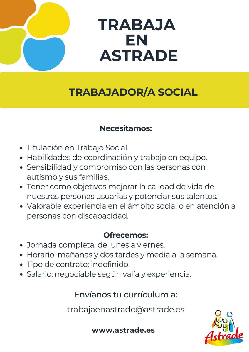 Astrade (@astradermurcia) on Twitter photo En Astrade buscamos Trabajador/a Social.
📩 Envía tu CV a: trabajaenastrade@astrade.es
#TrabajoSocial #Empleo #OfertaDeEmpleo En Astrade buscamos Trabajador/a Social.
📩 Envía tu CV a: trabajaenastrade@astrade.es
#TrabajoSocial #Empleo #OfertaDeEmpleo