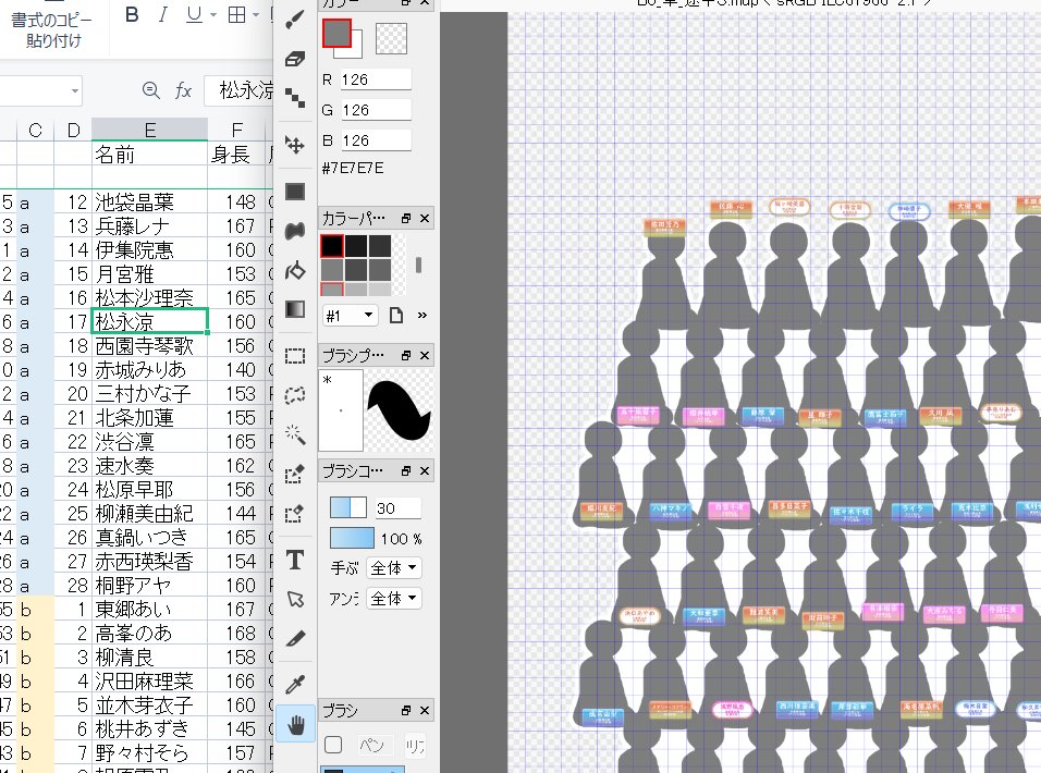 imascg_AD's tweet image. 作業風景
並び順でリストを作って身長をすぐ確認できるようにして並べてる
立ち絵の公式素材は画像自体の解像度などは同じだけど縮尺やポーズがまちまちなので顔をベースに少しずつ大きくしたり小さくしたりして身長差に合うように配置してる
面倒だけどこういう作業大好き
#190人応援広告