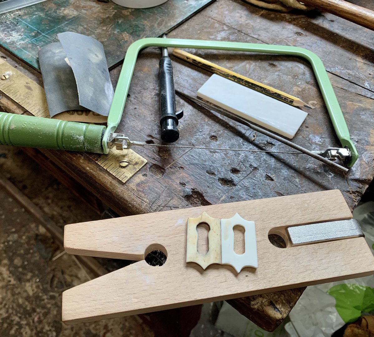2016industrial's tweet image. A replacement bone escutcheon was needed for a 19th century chest of drawers. So I got busy. 🤓 #restoration #workshop #antique #antiquefurniturerestoration