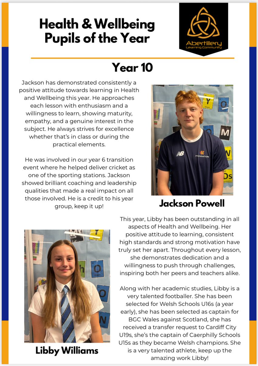 As this year comes to an end, we would like to show an appreciation to those who have gone above and beyond in Health &amp; Wellbeing.

These pupils have shown exceptional dedication and pride in their work, along with being incredible role models to all 3-16 pupils. 

Da iawn all👏🏻