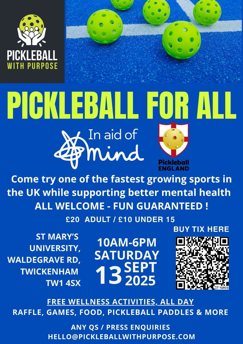 SportMRInsight's tweet photo. Are you interested in teying Pickleball and raising money for @MindCharity. Then please come along on Saturday 13th September. You can buy tickets using the QR code below. All proceeds got to @MindCharity https://t.co/ErAgOk2Dws