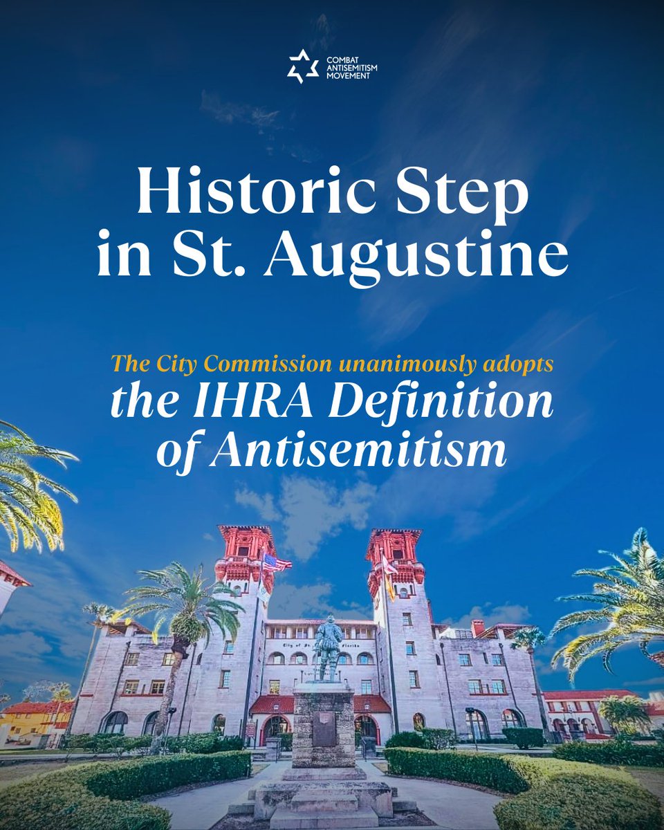 CombatASemitism's tweet image. St. Augustine unanimously adopted the IHRA definition of antisemitism, the first city in Northeast Florida to do so.
We applaud the Jewish Federation of Northeast Florida and @CityStAug for leading this effort.
