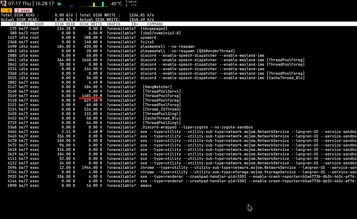 evil_exec's tweet image. 一个tab都没开的 google-chrome， 几秒就能写几百兆东西，这是在干啥呢。
