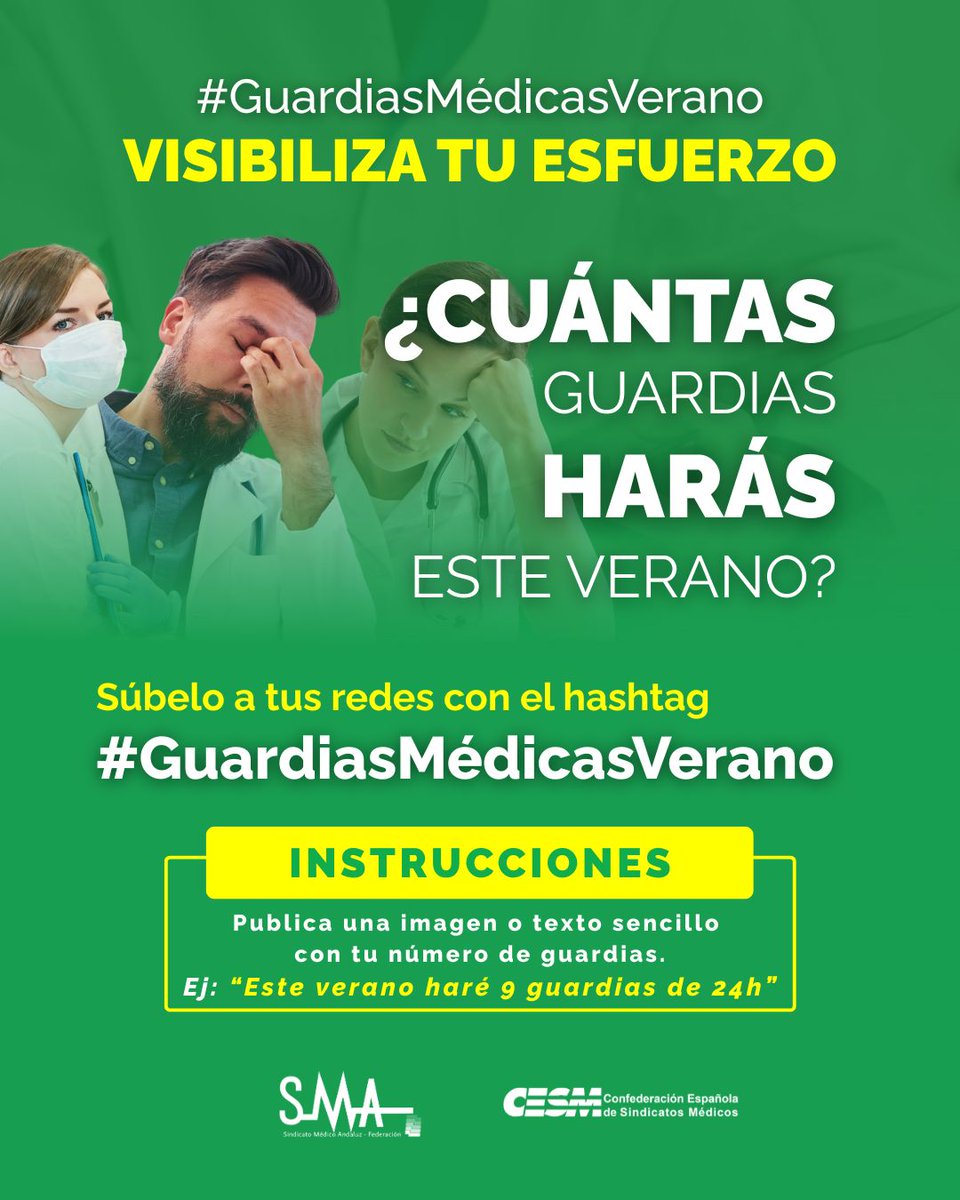📌<a href="/cesm_sindicatos/">CESM</a> y <a href="/smandaluz/">Sindicato Médico Andaluz</a> queremos visibilizar la sobrecarga laboral de verano para los 🩺facultativos que hacen guardias, motivo de conflicto en el #NoAlBorradorEstatutoMarco
¿Cuántas #GuardiasMédicasVerano haces estos meses?
Te leemos 👀
#NoticiasCESM #SindicatoMédico