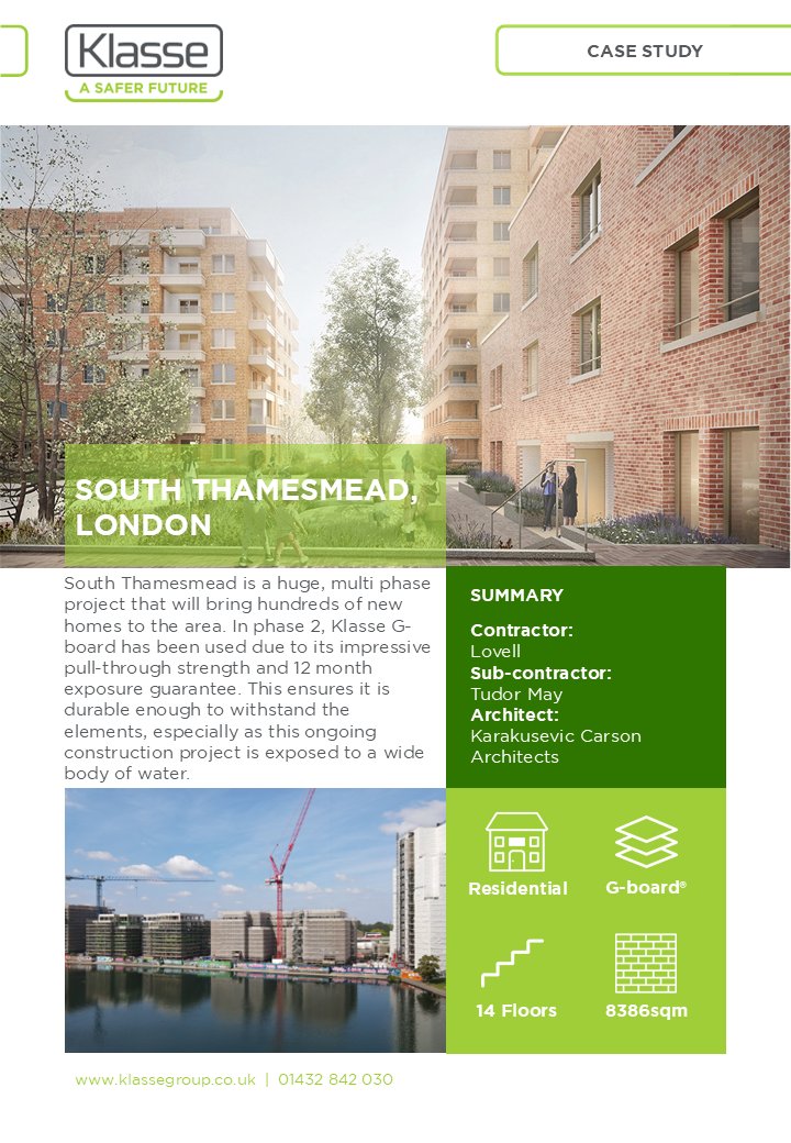 Our latest case study is now live! 

Klasse G-board has been supplied to the South Thamesmead project in London, read more below or by visiting our website today lnkd.in/euzqjhM3

#casestudy #sheathingboard #london #residentialprojects #construction #redevelopment #Klasse