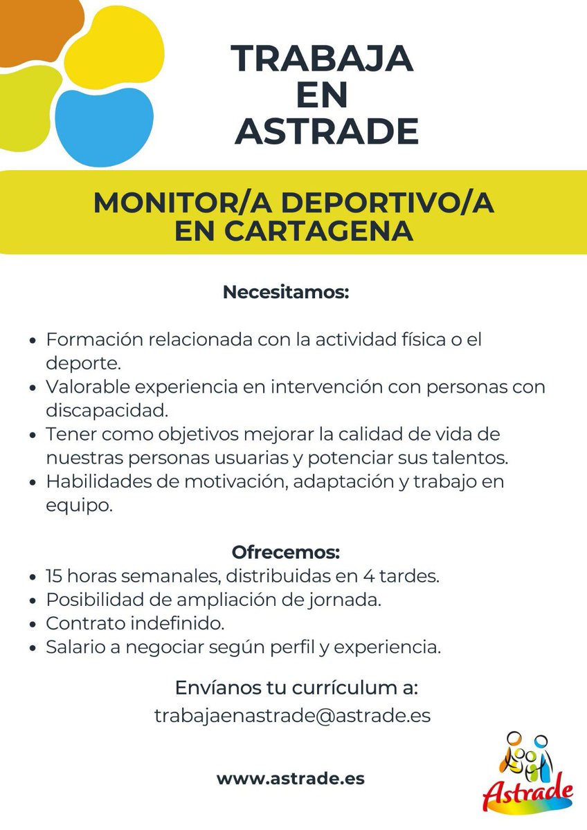 Astrade (@astradermurcia) on Twitter photo En Astrade buscamos Monitor/a Deportivo/a en Cartagena.
📩 Envía tu CV a: trabajaenastrade@astrade.es
#Empleo #OfertaDeEmpleo En Astrade buscamos Monitor/a Deportivo/a en Cartagena.
📩 Envía tu CV a: trabajaenastrade@astrade.es
#Empleo #OfertaDeEmpleo