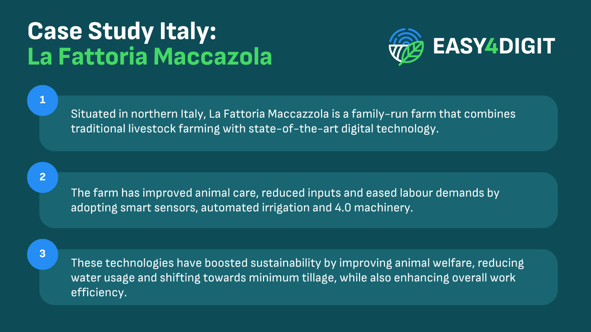 In Settimo Milanese 🇮🇹, Paolo Maccazzola, a vet and farmer, uses digital tools to boost the sustainability of his 180-hectare farm, care for his animals 🐄, and modernise with #SmartAutomation 🤖.

Get inspired by his story and more 🔗 portal.easy4digit.com #EASY4DIGIT