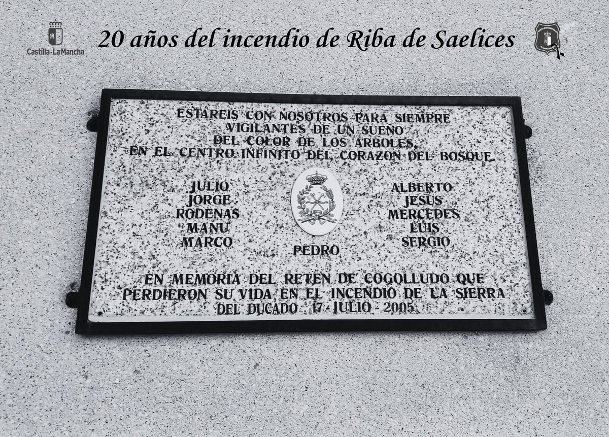 ⚫  Hoy se cumplen 20 años del trágico incendio de la Sierra del Ducado, en #RibadeSaelices.

Perdieron la vida 8 bomberos forestales, 1 bombera forestal y 2 Agentes Medioambientales.

Desde el Cuerpo de #AAMM, rendimos homenaje a su memoria.
#NuncaOlvidamos #17J  #INFOCAM