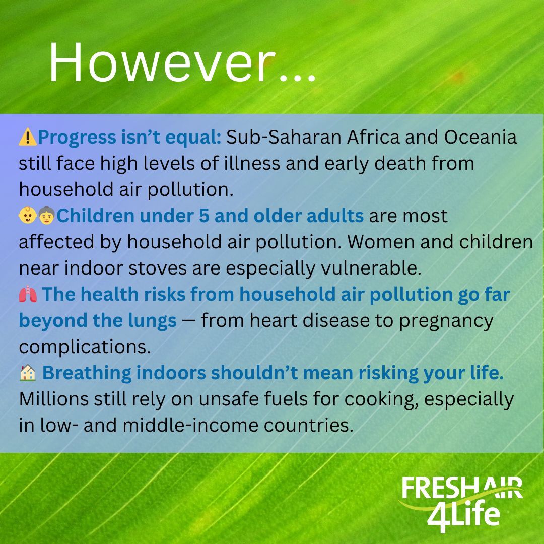 IPCRG's tweet image. A new paper has looked at trends in household #airpollution. Findings reveal:
50% drop in health burden since 1990
Sub-Saharan Africa & Oceania still face major risks
Children under 5 most affected
It’s time to push for cleaner cooking for all #FRESHAIR4Life #CleanCooking
