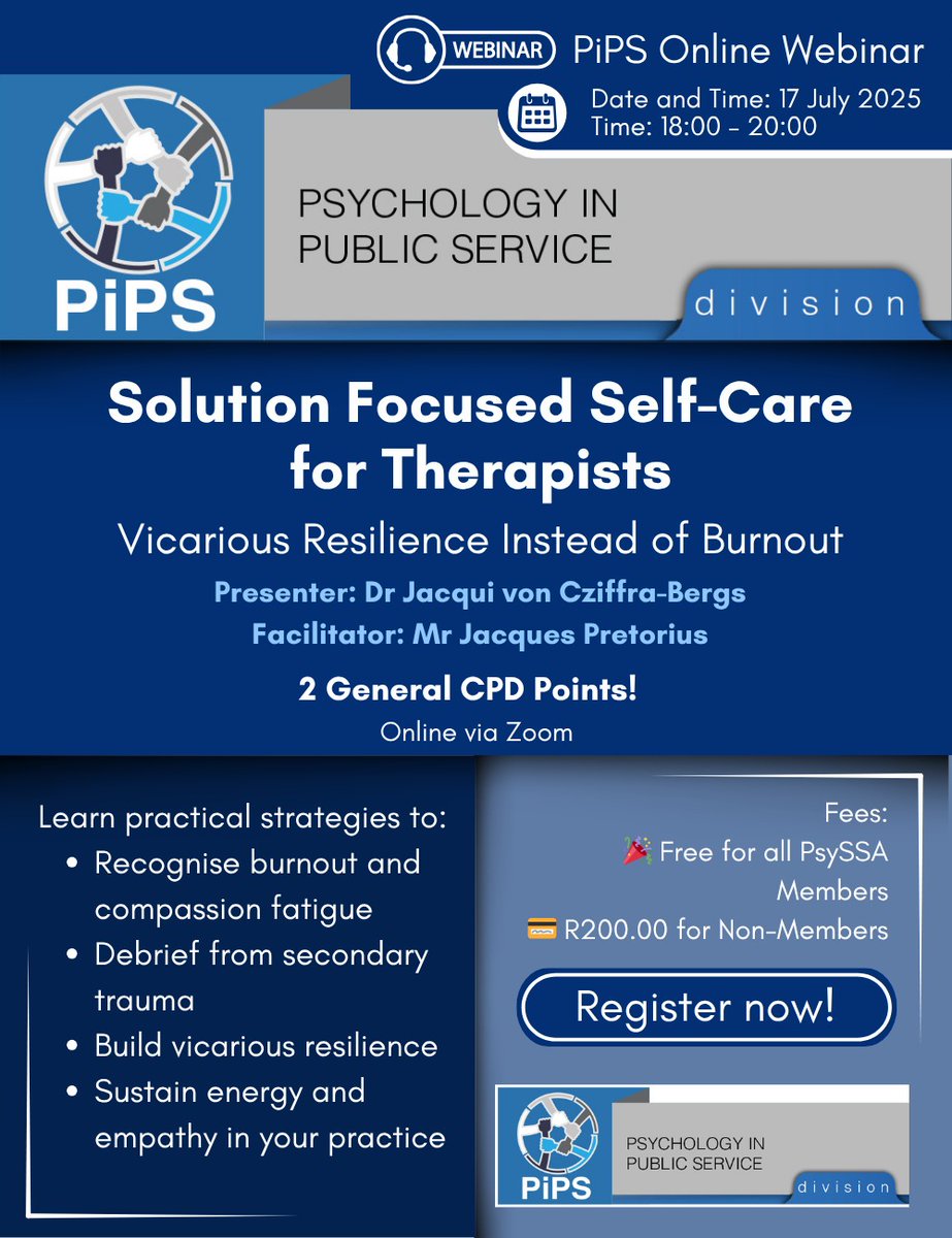 PsySSA_'s tweet image. 🚨 Just hours to go!
🧠 Solution-Focused Self-Care for Therapists
📅 17 July | 🕕 18:00–20:00 SAST
🎓 2 CPD Points | 💻 Zoom
🎙️ Dr Jacqui von Cziffra-Bergs & Jacques Pretorius
Let’s move from burnout to vicarious resilience. See you online!
#TherapistSelfCare #CPD #MentalHealth