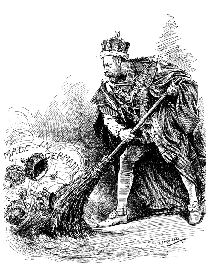 17 July 1917, George V issued proclamation, stating that male line descendants of British royal family will bear surname Windsor rather than anglicised German Saxe-Coburg &amp; Gotha due to anti-German sentiment in UK during #WW1. In March 1917, Gotha aircraft began bombing London.