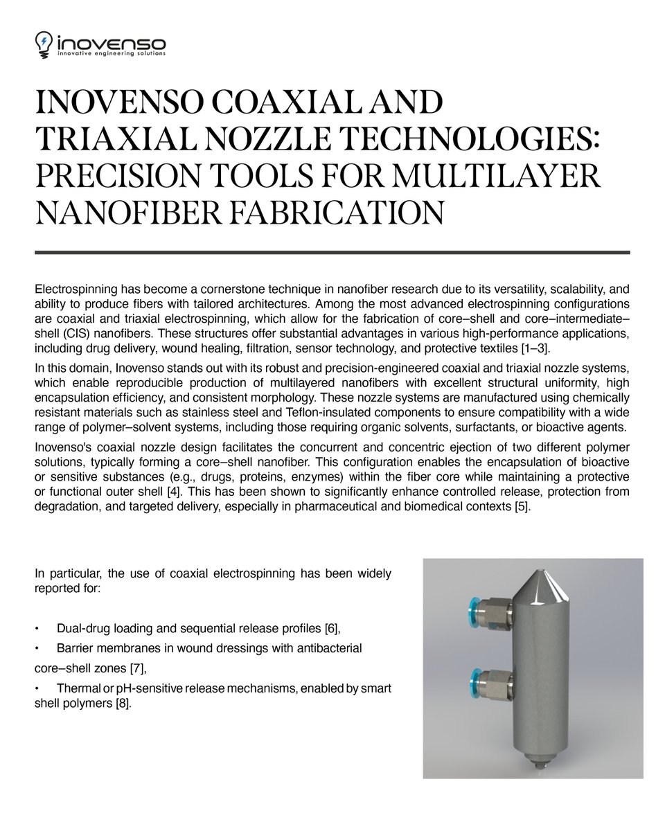 InovensoSocial's tweet photo. 🎯 From Core to Shell: Layer by Layer Innovation!
With Inovenso’s coaxial and triaxial nozzle technologies...
#Nanotechnology #Electrospinning #Inovenso #Coaxial #Triaxial #Nanofiber #DrugDelivery #WoundCare #Filtration #SmartMaterials #Innovation https://t.co/aJxT2m3A12